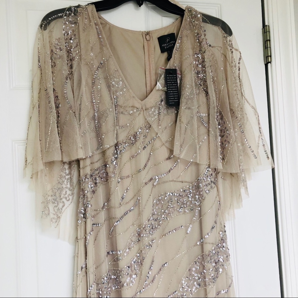 Adrianna Papell Beadded Chiffon gown cape sleeves - Picture 7 of 9